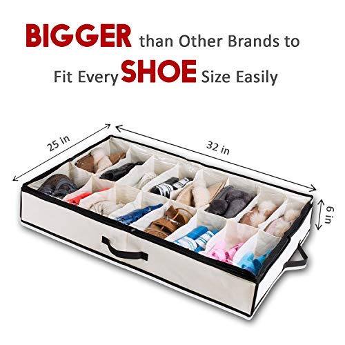 Woffit Under The Bed Shoe Organizer Fits 12 Pairs - Made with Sturdy & Breathable Materials - Set of 2 Underbed Storage Solution for Kids & Adults (Men & Women) Shoes