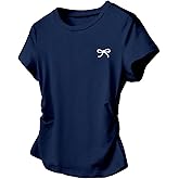 SHENHE Girl's Cute Bow Shirt Graphic Crew Neck Ruched Fitted Short Sleeve Crop Tee Top