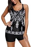 Chase Secret Womens Spaghetti Strap Printed Padded Tank Top Tankini Set with Shorts X-Large Black