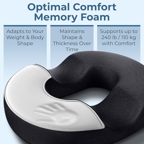 5 STARS UNITED Donut Cushion – Memory Foam Pillow for Sitting – Tailbone & Coccyx Support – Hemorrhoid-Friendly Ring Shape – Office Chair, Car, Desk & Wheelchair (Black, Large)
