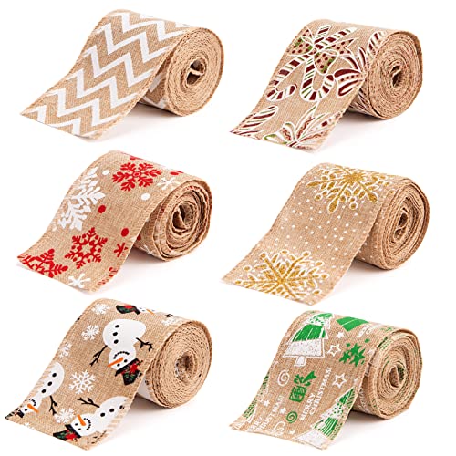 TOXOY Burlap Ribbons, 6 Rolls Jute Ribbons Christmas Ribbons Wired Ribbons 20 Yards for Crafts Gift Wrapping Decor