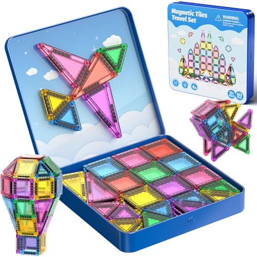 Magnetic Building Blocks Travel Toy, 60-Piece Magnetic Tiles Travel Set with Iron Box, Creativity Mini Magnetic Tiles Sensory Toy Birthday Gift for Children 3 4 5 6 Years