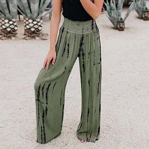 cllios Linen Pants for Women Baggy Long Pants Wide Leg Trousers Elastic High Waist Pants Beach Pants with Pockets