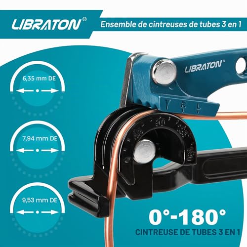 LIBRATON Pipe Bending Machine, Copper Pipe Bender, 180 Degree Bending Tool, 3 in 1 Manual Bending Machine 1/4", 5/16", 3/8", with Tube Cutter, Deburring Tool, for Brass, Aluminum Tube