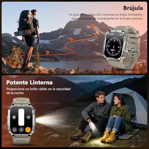 Blackview Reloj Inteligente Hombre Militar - Linterna y Brújula, 2.01"Smartwatch Hombre con 100+ Modos Deportivos, Llamadas Bluetooth/Notificación, Pulsómetro/Oxímetro/Sueño, Pulsera Actividad, Caqui