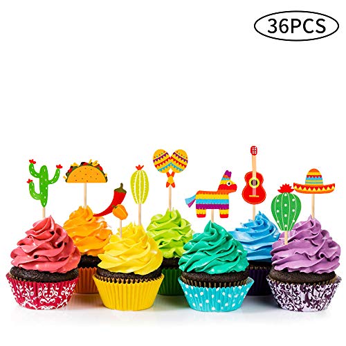 36 Pcs Fiesta Cupcake Topper Mexican Theme Cake Decoration for Mexican Themed Cactus Donkey Taco Pepper Sombrero Mustache Party Decorations - Thumbnail 4