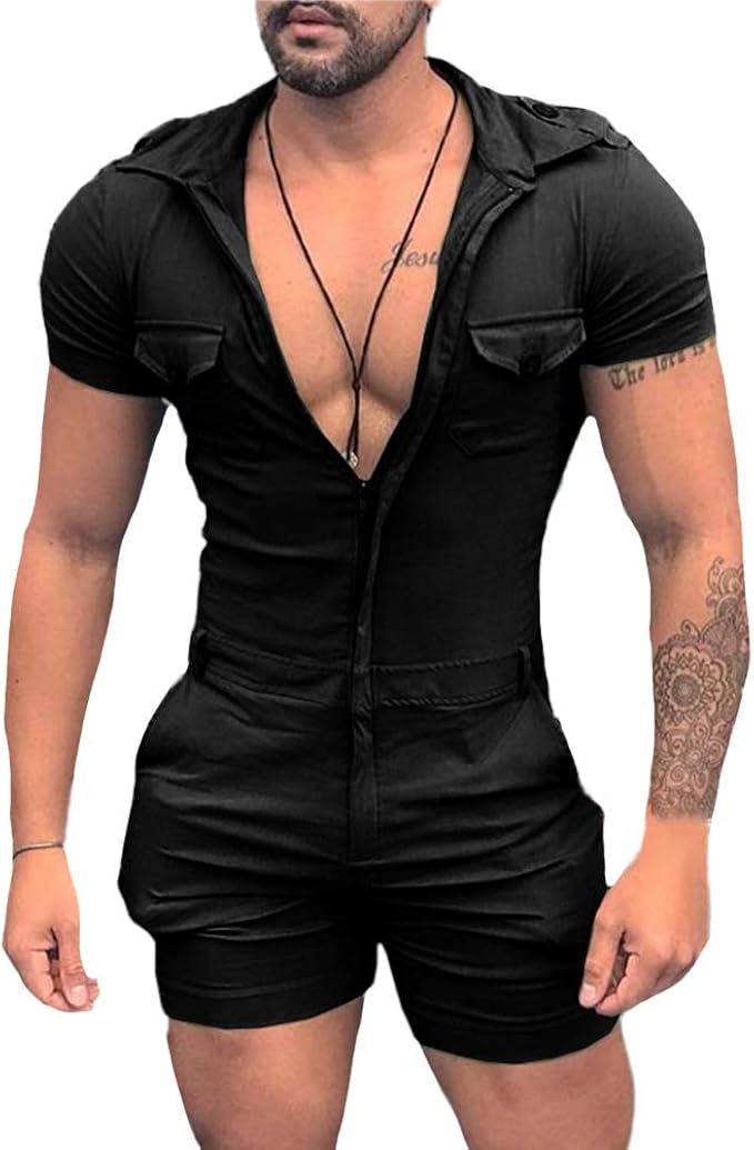 HONGBI Men's Jumpsuit Shorts One Piece Work Suit Short Sleeve Onesies