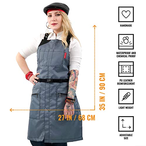 Under NY Sky Cross-Back Barber Gray Apron - Heavy-Duty Nylon, Water and Chemical Resistant, Zipped Pockets, No-Tie, Split-Leg - Adjustable for Men, Women - Pro Hair Stylist, Salon, Colorist, Artist