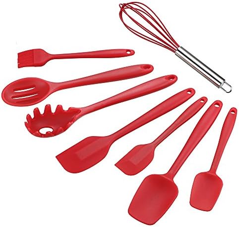 Cooking Utensils,Xpatee 8 Piece Nonstick Silicone Kitchen Utensils Gadgets Set Includes Silicone Ladle,Spatula,Spoon,Brush and Whisk (Red)