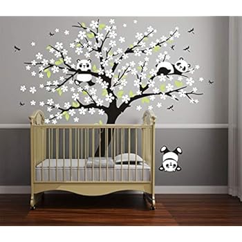 LUCKKYY Three Playful Pandas Bear on Cherry Blossom Tree Wall Decal Tree Wall Sticker Nursery and Children's Room (White)