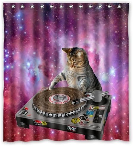 FMSHPON Cool Galaxy DJ Cat Funny Animal Pet Design Polyester Fabric Shower Curtain 66x72 Inches