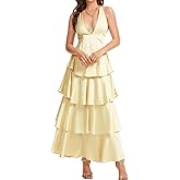 ShawGobow Ruffle Tiered Maxi Dress,Deep V Backless Satin Formal Dresses Women,Homecoming Cocktail Wedding Guest Outfits