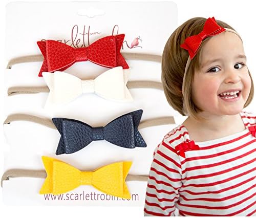 5 Baby Girl Hair Bows on Nylon Headbands | Leather "All-American" | By Scarlett Robin