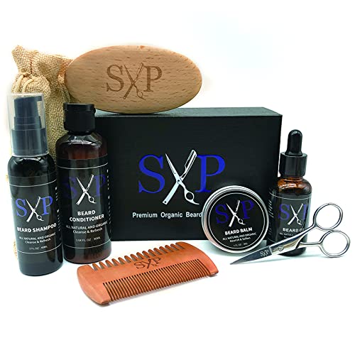 SP Beard Grooming Kit w/Beard Oil, Beard Balm, Beard Brush, Beard shampoo, Beard conditioner, Beard Comb, Beard Scissor,Linen Storage Bag, Beard Growth Care Gifts for Men