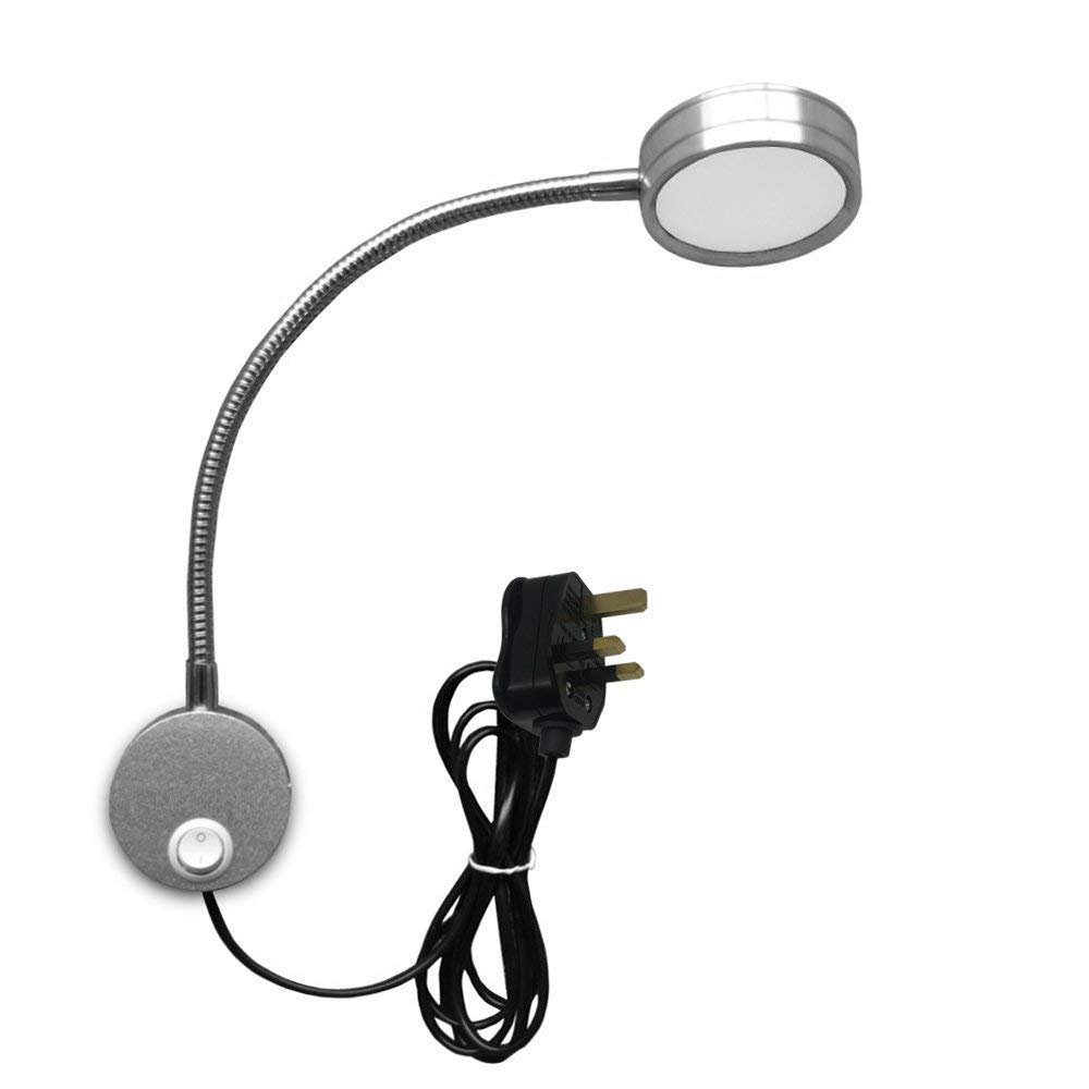 Onerbuy UK 5W Plug Reading Lamp, Wired Flexible Gooseneck Wall Sconce LED Reading Light Art Works Show Accent Light Wall Mount Spot Lamp Fixture with On/Off Switch (Silver-Warm White)