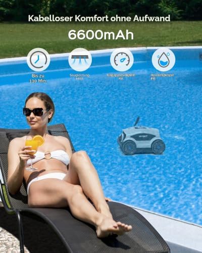 Poolroboter Akku für 130 Minuten Betrieb, Poolsauger mit Starke Leistung, Dual-Antriebsmotoren, Schneller Wasserablass, Pool Bodensauger für Aufstellpool/Außenpool bis zu 100m²
