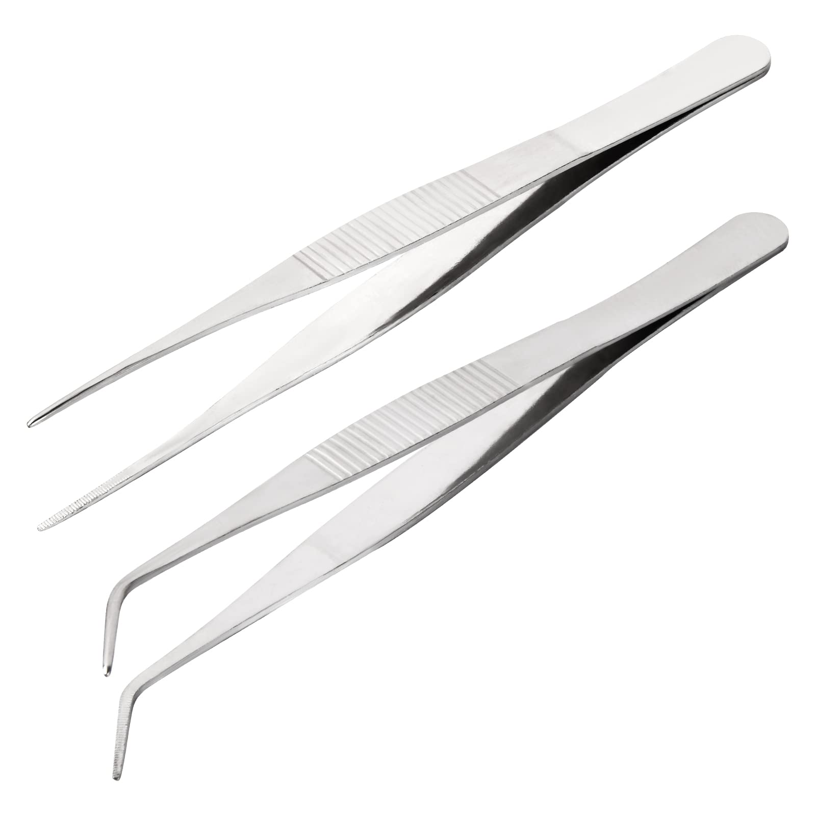 Vesaneae 16 cm Stainless Steel Straight & Curved Tweezers, 2 Pack, Silver, Classic Style, Ideal for Cooking, Craft, Coral & Pets