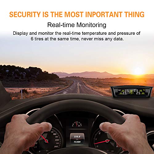 Tymate TPMS Solar Power with HD LCD Screen- Real-time Displays 4 Tires' Pressure, Temperature (-40℃~80℃)- Wireless Tire Pressure Monitoring System with 4pcs External Sensors (0-6.0 BAR)- 6 Alarm Modes
