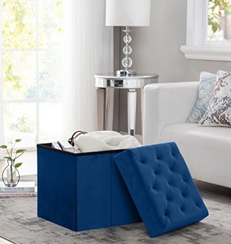 Decor Venue Foldable Velvet Tufted Storage Ottoman Square Cube Foot Rest Stool/Seat - 17" x 17" x 18" - Navy