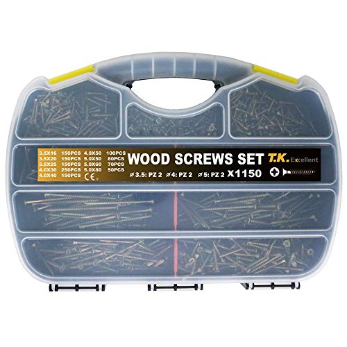 T.K.Excellent Wood Screw Phillips Flat Head Drywall Chipboard Screw Assortment Kit,1150 Pcs