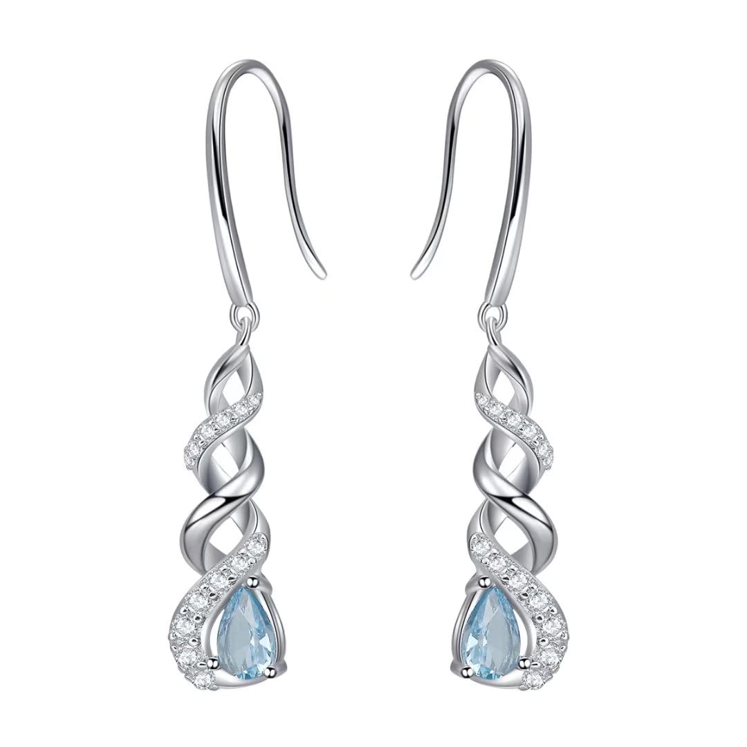Qings March Birthstone Dangle Earrings - 925 Sterling Silver Cubic Zirconia Ocean Blue Aquamarine Infinity Gemstone Earrings Piercing Sparkling Jewelry for Women Girls Teens