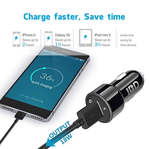 IBD USB 3.0 Car Charger Adapter,Quick Charge Smart USB Port 18W With One USB 3.0 Cable Universal Cell Phone Car Chargers For Mobile Device,Samsung Galaxy S7,S6,Samsung Galaxy S7,S6 ect.