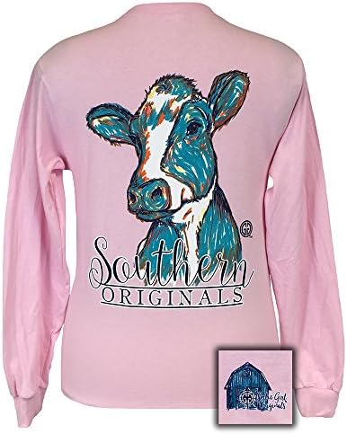 Girlie Girl Originals Watercolor Cow Light Pink Long Sleeve T-Shirt Large