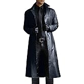 XDFVC Mens Retro Black Leather Jacket Long Steampunk Trench Coat German Faux Leather Coat Military Officer Uniform Overcoat
