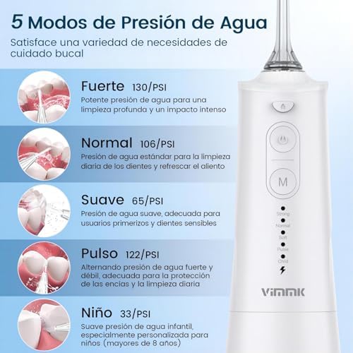Irrigador oral portátil, irrigador dental profissional sem fio vimmk 8 bicos 5 modos, ipx7 à prova d'água 300ml usb-c recarregável para limpeza de dentes, para casa e viagens (branco)