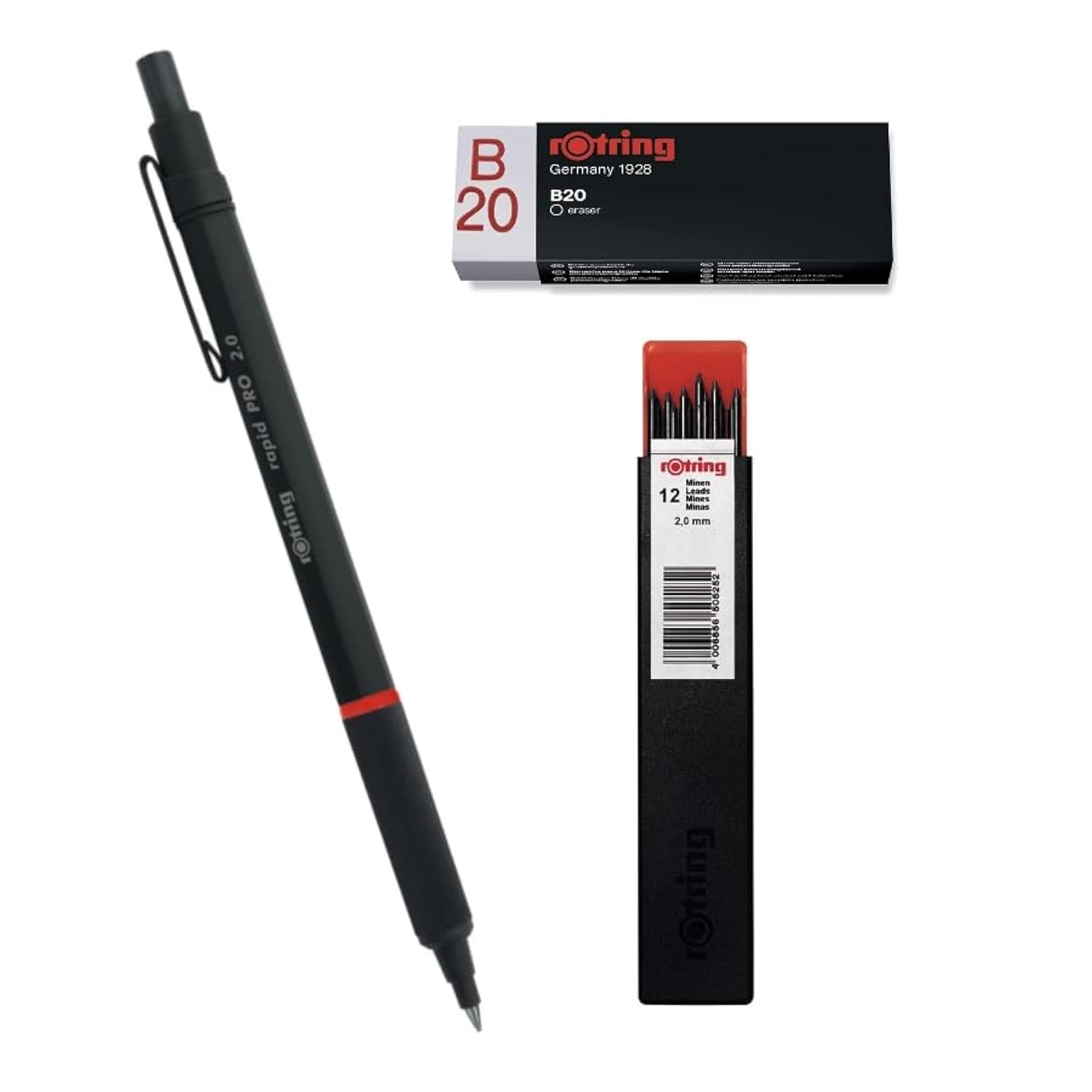 rOtring Rapid Pro Mechanical Pencil | HB 2.0 mm Lead | Matte Black Full-Metal Barrel | Set of 12 Tikky Refills | Eraser B20
