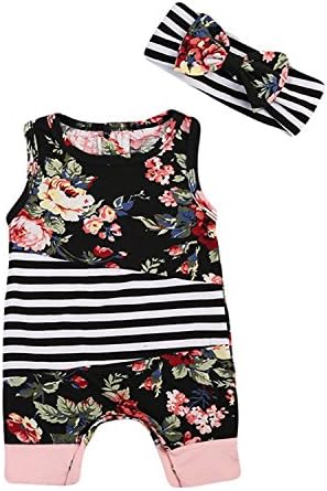 AnneBella Toddler Newborn Baby Girls Floral Striped Rompers With Headband Jumpsuit Bodysuit Clothes 0-24M (0-6 Months)