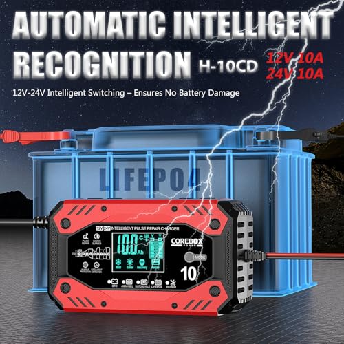 COREBOX Battery Charger 10-Amp 12V/24V- Fully Automatic Car Battery Charger- Trickle Charger, Chargeur Intelligent, Battery Maintainer with Temperature Compensation for Car Truck Motorcycle Lawn Mower