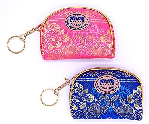 TRNS Small Thai Purse Set - 2 piece - Zipper Pouches - Women Coin Purse - Thai Painting Wallet - Accessories Vintage Souvenir - Collection2 (Pink-Blue)
