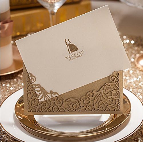 Saitec Set of 12ps Brown laser cut wedding invitation card with envelope,blank inside card wedding favors party supply
