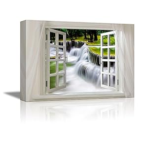 Glimpse into Cascading Waterfalls in The Forest Out of Open Window - Canvas Art Wall Art - 24" x 36"