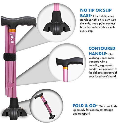 Pivit Walking Cane for Men & Women | Self Standing, Adjustable Offset Balance Stick 4 Point Quad Cane Tip | Lightweight & Sturdy Mobility Walker Aid for Arthritis, Elderly, Seniors & Handicap (Pink)