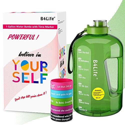 B4Life 1 Gallon Water Bottle with Time Marker, Motivational Wristband, Fitness Workout, Drink More Water Daily, Extra Large BPA-Free Water Bottle Leakproof with Flip Top-Friendship