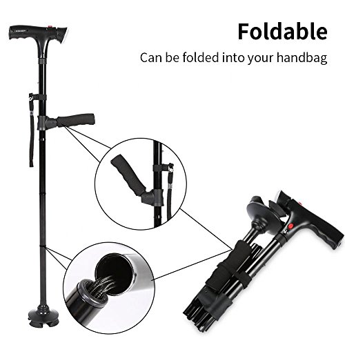 Folding Walking Cane with LED Light and Cushion Handle, Lightweight Adjustable Portable Aluminum Walking Stick Aid with Flashlight for Men Women Senior (Black)