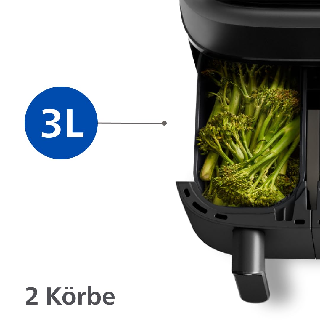 Philips Airfryer Dual Basket 3000 Series Heißluftfritteuse, 9L, 2 Körbe, 2 Gerichte gleichzeitig, RapidAir Plus Technologie, 90% weniger Fett, Energieeffizient, HomeID App (NA350/00) 4