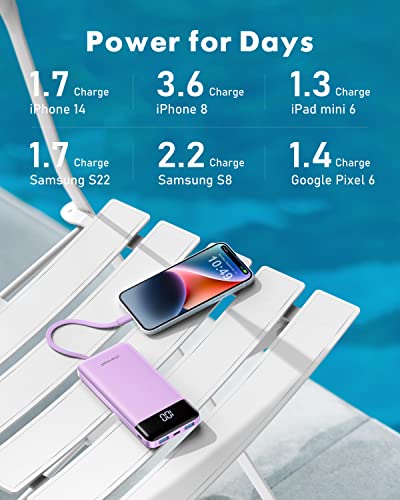 Portable Charger with Built in Cables, Portable Charger with Cords Wires Slim 10000mAh Travel Essentials Battery Pack 6 Outputs 3A High Speed Power Bank for iPhone Samsung Pixel LG Moto iPad (Purple)