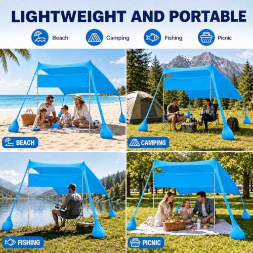 Anti UV UPF50+ Beach Tent 7ft x 7ft Sunshade Portable Canopy with 2 Pcs Aluminum Poles 4 Sand Bag Anchors Outdoor Shelter for Beach, Camping or Picnic, Blue