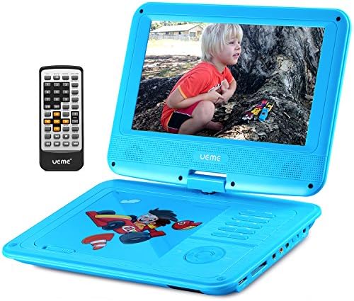 UEME 9" Portable DVD Player with Cartoons | Car Headrest Mount Holder | Swivel Screen | Remote Control | Rechargeable Battery | SD Card Slot and USB Port, Personal DVD Player PD-0093 (Blue)