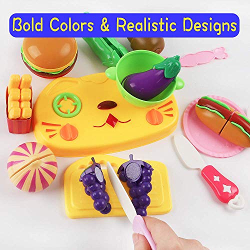 102 Pieces Pretend Cutting Play Food Set for Toddlers 3 Years+ Kitchen Toys Fun Cutting Fruits Vegetables Pretend Food Playset for Children Girls Boys Educational Early Age Basic Skills