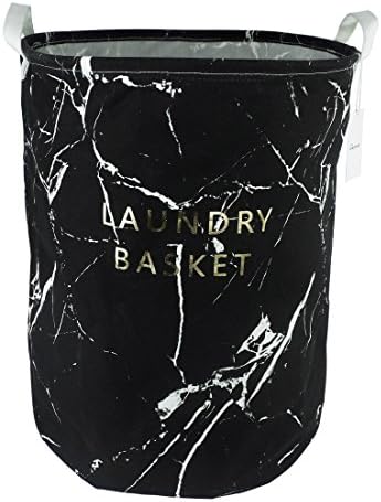 19.7" Large Sized Waterproof Coating Ramie Cotton Fabric Folding Laundry Hamper Bucket Cylindric Burlap Canvas Storage Basket with Stylish Marbling Design (Black)