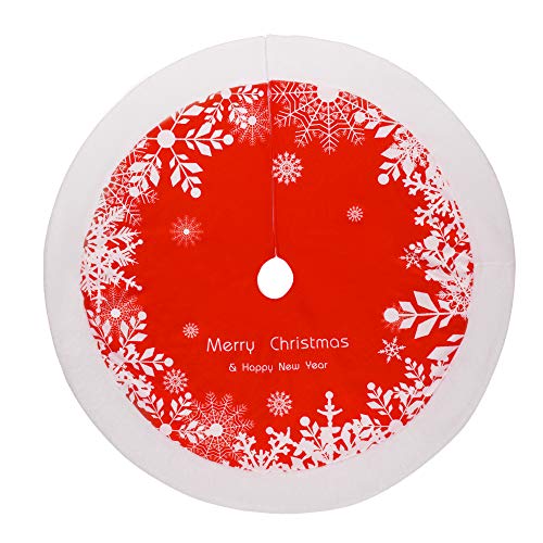 sanipoe Christmas Tree Skirts, 48 inches Tree Skirt Decorations Faux Fur Skirt with Snowflakes, New Year Party Rustic Xmas Tree Holiday Ornaments, Red & White - Thumbnail 6