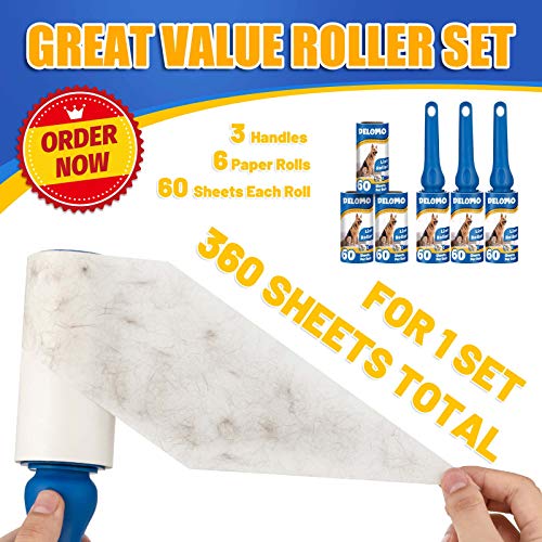 DELOMO Lint Rollers for Pet Hair Extra Sticky, Upgrade Portable Lint Roller with 3 Rollers + 6 Paper Rolls, 360 Sheets Total, Perfect for Furniture, Couch, Carpet, Car Seat & Clothing, Blue