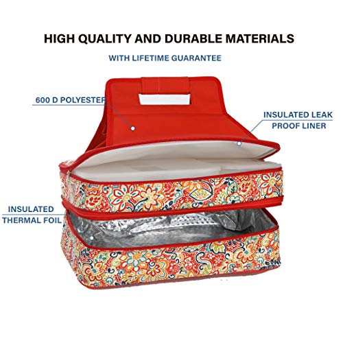 Picnic Plus 18" Casserole Carrier 2 Level Thermal Insulated Hot and Cold Food Carrier Double Layer Food Carrier Bag Potluck Carrier With Bonus Containers (Sunlight Bloom)