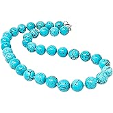 VN Jewelry Handmade Beaded Necklace for Women - Natural Blue Turquoise Gemstone Necklace - 12mm Turquoise Beaded Statement Necklace for Women