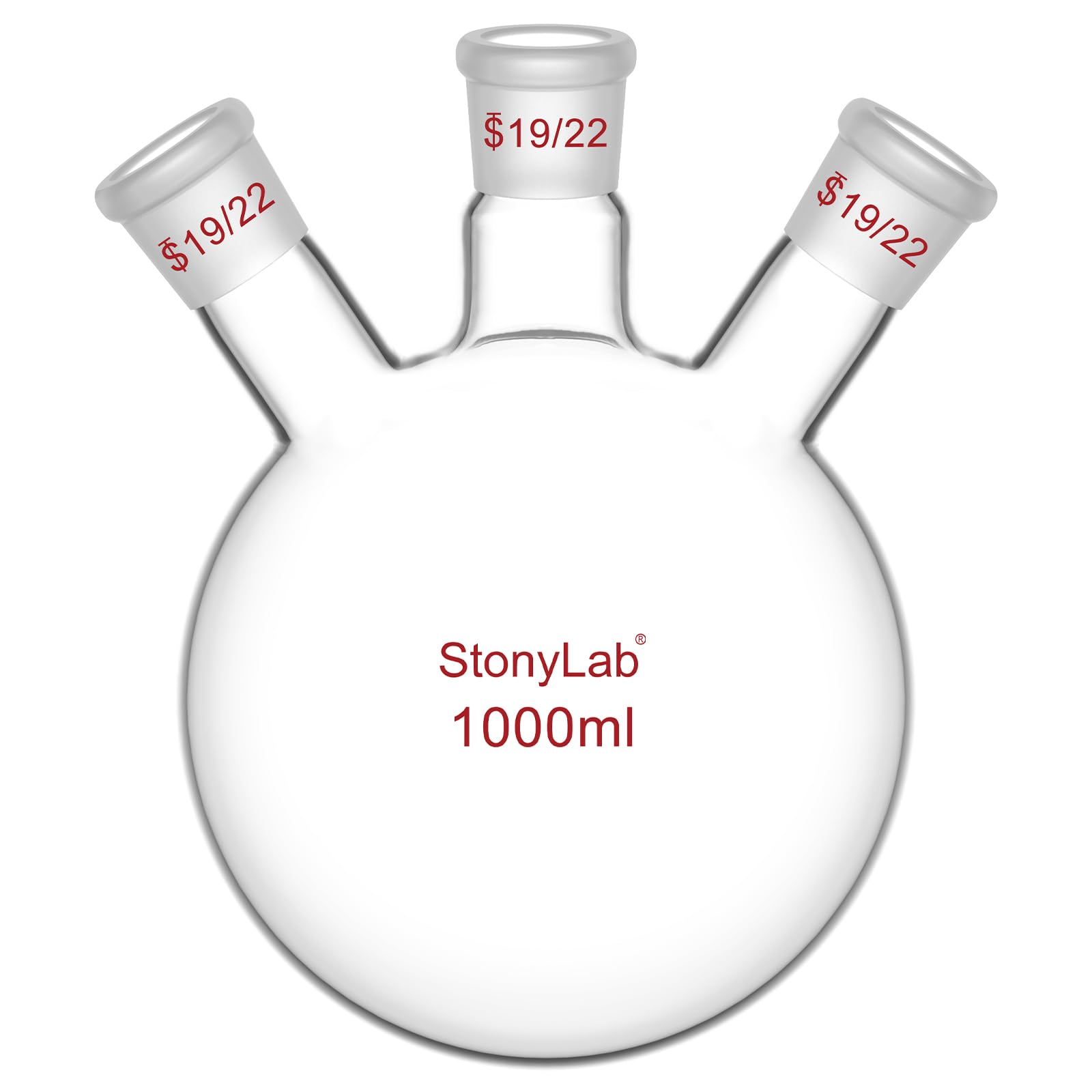 stonylab Borosilicate Glass Heavy Wall 3 Neck Round Bottom Flask RBF, with 19/22 Center and Side Standard Taper Outer Joint (1000ML)