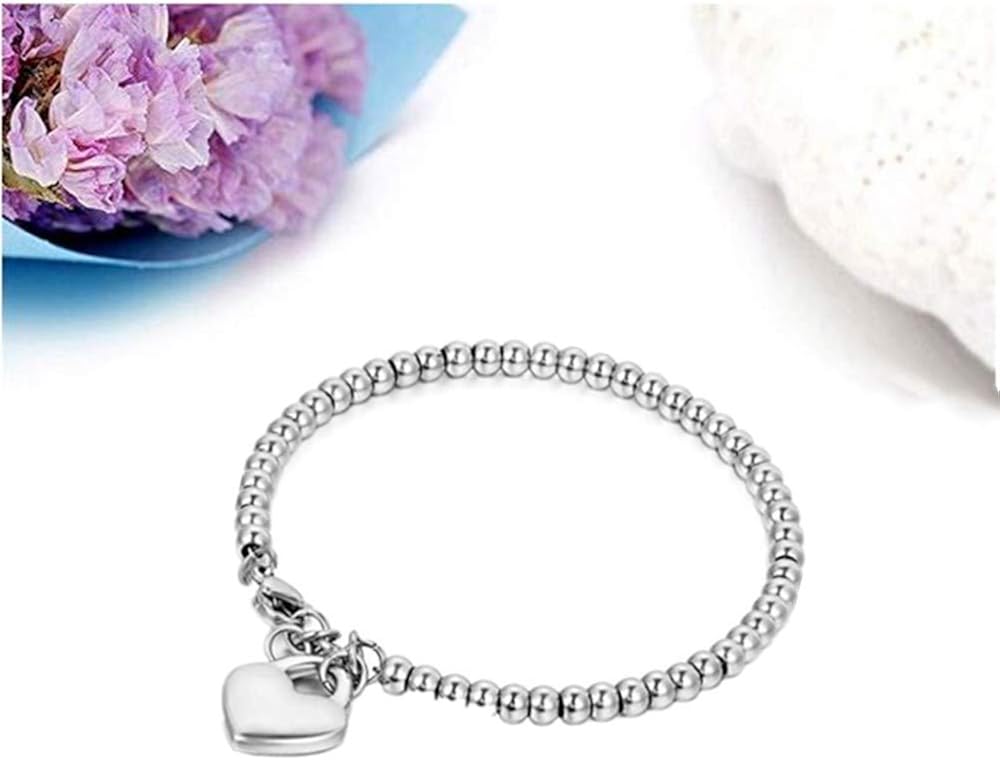 JewelryWe Gifts Mom Stainless Steel Bead Chain Bracelet Heart Charm Adjustable, Silver, Silver(no Engraving), 19.5 cm - Image 3